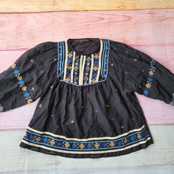 Zara Black Blue Contrast Embroidered Accents Long Sleeve Boho Peasant Blouse M - Picture 4 of 11